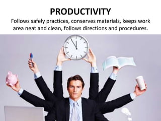 PRODUCTIVITY
Follows safely practices, conserves materials, keeps work
area neat and clean, follows directions and procedures.
 