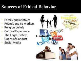 • Family and relatives
• Friends and co-workers
• Religion beliefs
• Cultural Experience
• The Legal System
• Codes of Conduct
• Social Media
 