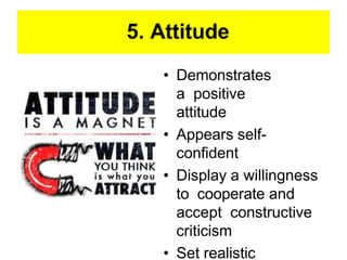 5. Attitude
• Demonstrates
a positive
attitude
• Appears self-
confident
• Display a willingness
to cooperate and
accept constructive
criticism
• Set realistic
 