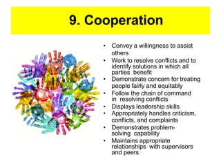 9. Cooperation
• Convey a willingness to assist
others
• Work to resolve conflicts and to
identify solutions in which all
parties benefit
• Demonstrate concern for treating
people fairly and equitably
• Follow the chain of command
in resolving conflicts
• Displays leadership skills
• Appropriately handles criticism,
conflicts, and complaints
• Demonstrates problem-
solving capability
• Maintains appropriate
relationships with supervisors
and peers
 