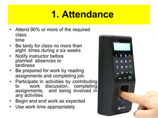 1. Attendance
• Attend 90% or more of the required
class
time
• Be tardy for class no more than
eight times during a six weeks
• Notify instructor before
planned absences or
tardiness
• Be prepared for work by reading
assignments and completing job
• Participate in activities by contributing
to work discussion, completing
assignments, and being involved in
any activities
• Begin and end work as expected
• Use work time appropriately
 