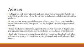 Types Adware Comprehensive Overview of Malware: Types, Behaviors, and Prevention | PDF