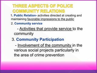 1. Public Relation- activities directed at creating and
maintaining favorable impressions to the public
2. Community service
- Activities that provide service to the
community
3. Community Participation
- Involvement of the community in the
various social projects particularly in
the area of crime prevention
 