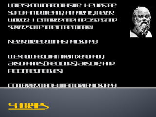 Socrates Little is known about his life.  He was the son of a midwife and, apparently, never worked.  He married and had 3 sons and served some time in the military. Never wrote down his philosophy. We know about him from Xenophon, Aristophanes (the Clouds), Aristotle, and Plato (the dialogues). Concerned mainly with moral philosophy. 