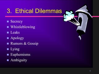4
3. Ethical Dilemmas
Secrecy
Whistleblowing
Leaks
Apology
Rumors & Gossip
Lying
Euphemisms
Ambiguity