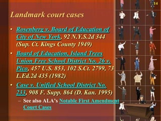 14


Landmark court cases
• Rosenberg v. Board of Education of
  City of New York, 92 N.Y.S.2d 344
  (Sup. Ct. Kings County 1949)
• Board of Education, Island Trees
  Union Free School District No. 26 v.
  Pico, 457 U.S. 853, 102 S.Ct. 2799, 73
  L.Ed.2d 435 (1982)
• Case v. Unified School District No.
  233, 908 F. Supp. 864 (D. Kan. 1995)
   – See also ALA‟s Notable First Amendment
     Court Cases
 