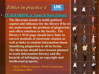 17

   Ethics in practice 4
• PLAGIARISM @ Your School Library
  – The librarian stands to build political
    capital and influence for the library if he or
    she understands the problem of plagiarism
    and offers solutions to the faculty. The
    library‟s Web page should have links to
    correct methods of electronic citation as
    well as links to student information about
    identifying plagiarism in all its forms. . . .
    The librarian should have lessons planned
    to teach information literacy and the
    hazards of infringing on copyright and
    intellectual property.
     • Harry Willems, Library Media Connection
       (February 2002)
 