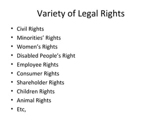 Variety of Legal Rights Civil Rights Minorities’ Rights Women’s Rights Disabled People’s Right Employee Rights Consumer Rights Shareholder Rights Children Rights Animal Rights Etc, 