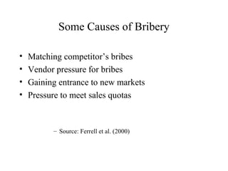Some Causes of Bribery
•
•
•
•

Matching competitor’s bribes
Vendor pressure for bribes
Gaining entrance to new markets
Pressure to meet sales quotas

– Source: Ferrell et al. (2000)

 