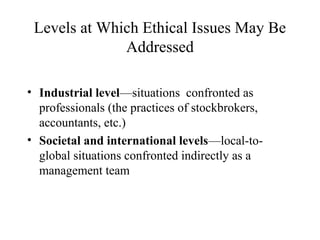 Levels at Which Ethical Issues May Be
Addressed
• Industrial level—situations confronted as
professionals (the practices of stockbrokers,
accountants, etc.)
• Societal and international levels—local-toglobal situations confronted indirectly as a
management team

 