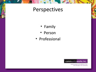 Perspectives
• Family
• Person
• Professional
 