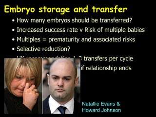 Embryo storage and transfer How many embryos should be transferred? Increased success rate v Risk of multiple babies Multiples = prematurity and associated risks Selective reduction? UK recommendation 1-3 transfers per cycle Fate of stored embryos if relationship ends Natallie Evans & Howard Johnson 