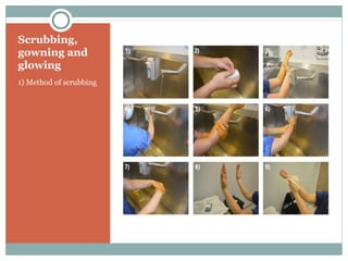 Scrubbing,
gowning and
glowing
1) Method of scrubbing
 