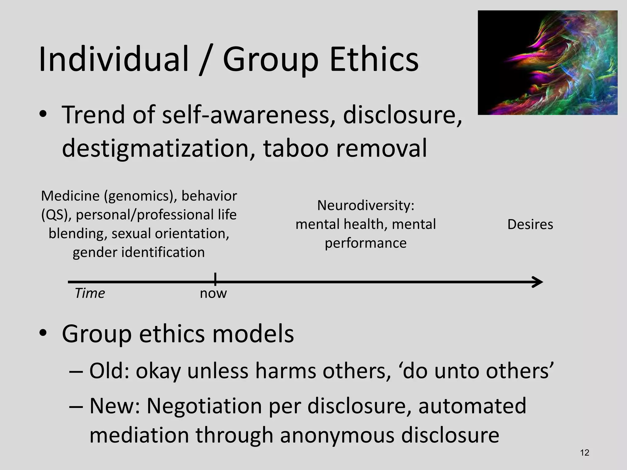 12
• Trend of self-awareness, disclosure,
destigmatization, taboo removal
• Group ethics models
– Old: okay unless harms others, ‘do unto others’
– New: Negotiation per disclosure, automated
mediation through anonymous disclosure
Individual / Group Ethics
Medicine (genomics), behavior
(QS), personal/professional life
blending, sexual orientation,
gender identification
Neurodiversity:
mental health, mental
performance
Desires
Time now
 
