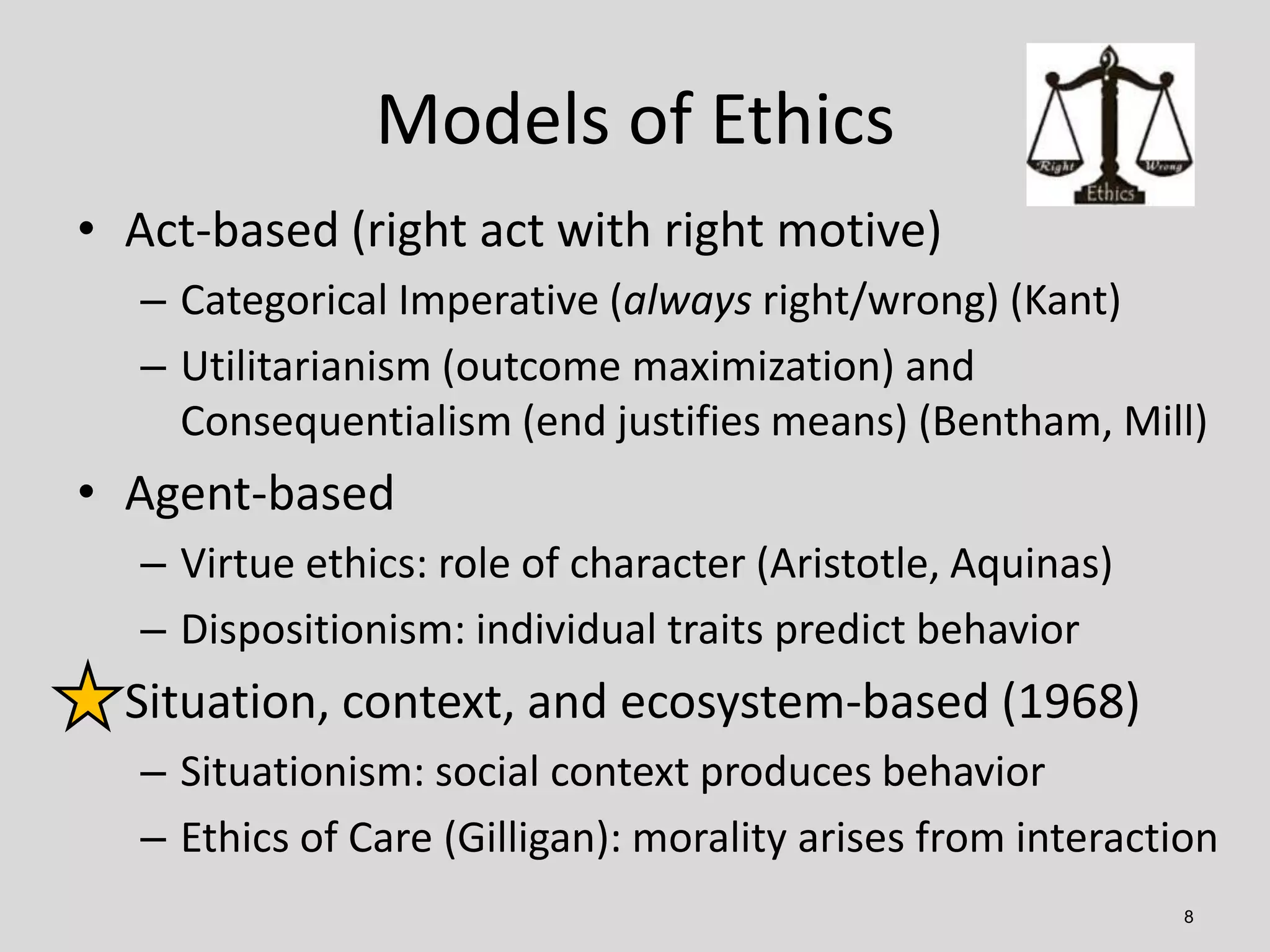 8
• Act-based (right act with right motive)
– Categorical Imperative (always right/wrong) (Kant)
– Utilitarianism (outcome maximization) and
Consequentialism (end justifies means) (Bentham, Mill)
• Agent-based
– Virtue ethics: role of character (Aristotle, Aquinas)
– Dispositionism: individual traits predict behavior
• Situation, context, and ecosystem-based (1968)
– Situationism: social context produces behavior
– Ethics of Care (Gilligan): morality arises from interaction
Models of Ethics
 