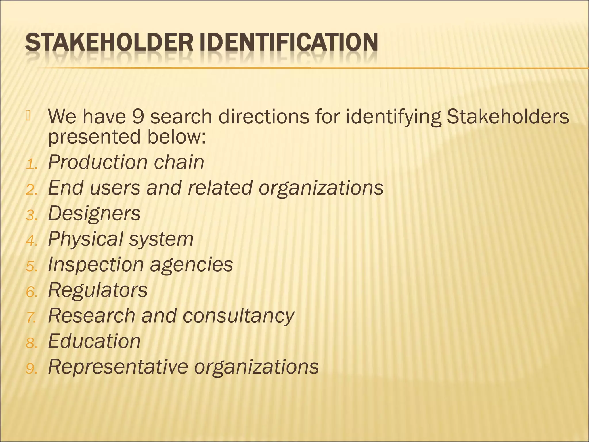     We have 9 search directions for identifying Stakeholders
     presented below:
1.   Production chain
2.   End users and related organizations
3.   Designers
4.   Physical system
5.   Inspection agencies
6.   Regulators
7.   Research and consultancy
8.   Education
9.   Representative organizations
 