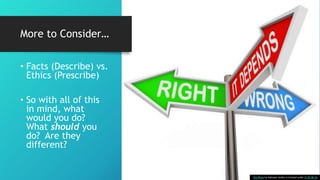 More to Consider…
• Facts (Describe) vs.
Ethics (Prescribe)
• So with all of this
in mind, what
would you do?
What should you
do? Are they
different?
This Photo by Unknown Author is licensed under CC BY-NC-SA
 