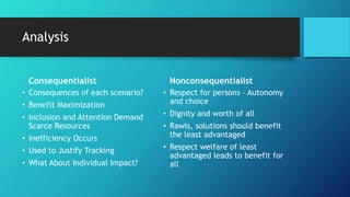 Analysis
Consequentialist
• Consequences of each scenario?
• Benefit Maximization
• Inclusion and Attention Demand
Scarce Resources
• Inefficiency Occurs
• Used to Justify Tracking
• What About Individual Impact?
Nonconsequentialist
• Respect for persons – Autonomy
and choice
• Dignity and worth of all
• Rawls, solutions should benefit
the least advantaged
• Respect welfare of least
advantaged leads to benefit for
all
 