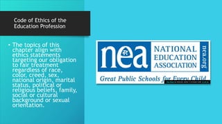 Code of Ethics of the
Education Profession
• The topics of this
chapter align with
ethics statements
targeting our obligation
to fair treatment
regardless of race,
color, creed, sex,
national origin, marital
status, political or
religious beliefs, family,
social or cultural
background or sexual
orientation.
This Photo by Unknown Author is licensed under CC BY-SA
 