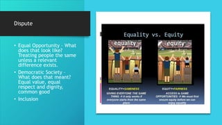 Dispute
• Equal Opportunity – What
does that look like?
Treating people the same
unless a relevant
difference exists.
• Democratic Society –
What does that meant?
Equal value, equal
respect and dignity,
common good
• Inclusion
 