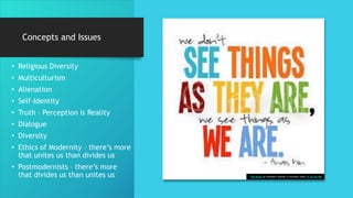 Concepts and Issues
• Religious Diversity
• Multiculturism
• Alienation
• Self-Identity
• Truth – Perception is Reality
• Dialogue
• Diversity
• Ethics of Modernity – there’s more
that unites us than divides us
• Postmodernists – there’s more
that divides us than unites us This Photo by Unknown Author is licensed under CC BY-NC-ND
 