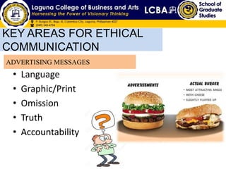 • Language
• Graphic/Print
• Omission
• Truth
• Accountability
KEY AREAS FOR ETHICAL
COMMUNICATION
ADVERTISING MESSAGES
 