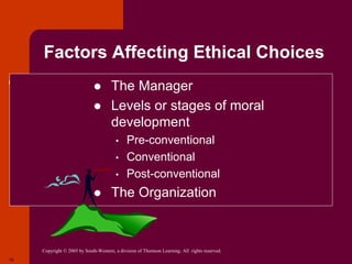 Copyright © 2005 by South-Western, a division of Thomson Learning. All rights reserved.
16
Factors Affecting Ethical Choices
 The Manager
 Levels or stages of moral
development
• Pre-conventional
• Conventional
• Post-conventional
 The Organization
 