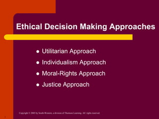 Copyright © 2005 by South-Western, a division of Thomson Learning. All rights reserved.
7
Ethical Decision Making Approaches
 Utilitarian Approach
 Individualism Approach
 Moral-Rights Approach
 Justice Approach
 