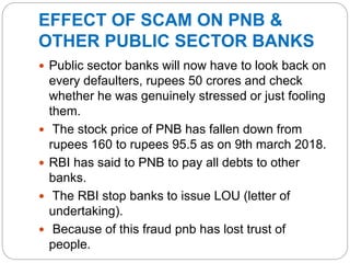 EFFECT OF SCAM ON PNB &
OTHER PUBLIC SECTOR BANKS
 Public sector banks will now have to look back on
every defaulters, rupees 50 crores and check
whether he was genuinely stressed or just fooling
them.
 The stock price of PNB has fallen down from
rupees 160 to rupees 95.5 as on 9th march 2018.
 RBI has said to PNB to pay all debts to other
banks.
 The RBI stop banks to issue LOU (letter of
undertaking).
 Because of this fraud pnb has lost trust of
people.
 