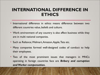 INTERNATIONAL DIFFERENCE IN
ETHICS
• International difference in ethics means difference between two
different countries value, beliefs and culture.
• Work environment of any country is also affect business while they
are in multi national companies.
• Such as Reliance,Walmart,Amazon,Apple,Tata etc.
• Many companies formed well-designed codes of conduct to help
their employees.
• Two of the most prominent issues that managers in MNCs
operating in foreign countries face are Bribery and corruption
and Worker compensation.
 