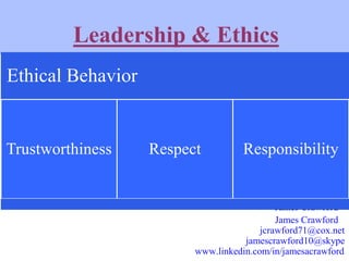 Leadership & Ethics
Ethical Behavior


Trustworthiness    Respect         Responsibility


                                            James Crawford
                                            James Crawford
                                        jcrawford71@cox.net
                                    jamescrawford10@skype
                         www.linkedin.com/in/jamesacrawford
 