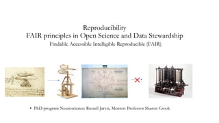 ×
Reproducibility
FAIR principles in Open Science and Data Stewardship
Findable Accessible Intelligible Reproducible (FAIR)
• PhD program Neuroscience: Russell Jarvis, Mentor: Professor Sharon Crook
 