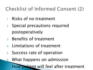 Risks of no treatment Special precautions required postoperatively Benefits of treatment Limitations of treatment Success rate of operation What happens on admission How patient will feel after treatment 