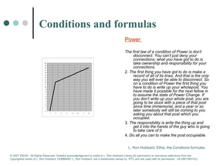 Conditions and formulas 
Power 
The first law of a condition of Power is don’t 
disconnect. You can’t just deny your 
connections; what you have got to do is 
take ownership and responsibility for your 
connections. 
2. The first thing you have got to do is make a 
record of all of its lines. And that is the only 
way you will ever be able to disconnect. So 
on a condition of Power the first thing you 
have to do is write up your wholepost. You 
have made it possible for the next fellow in 
to assume the state of Power Change. If 
you don’t write up your whole post, you are 
going to be stuck with a piece of that post 
since time immemorial, and a year or so 
later somebody will still be coming to you 
asking you about that post which you 
occupied. 
3. The responsibility is write the thing up and 
get it into the hands of the guy who is going 
to take care of it. 
4. Do all you can to make the post occupiable. 
L. Ron Hubbard, Ethis, the Condtions formulas 
20 
19 
18 
17 
16 
15 
14 
13 
12 
11 
10 
9 
8 
7 
6 
5 
4 
3 
2 
1 
0 
1 2 3 4 5 6 7 8 
© 2007 IDEAS. All Rights Reserved. Grateful acknowledgement is made to L. Ron Hubbard Library for permission to reproduce selections from the 
copyrighted works of L. Ron Hubbard. HUBBARD, L. Ron Hubbard, are a trademarks owned by RTC and are used with its permission. I/A 09072601EU 
 