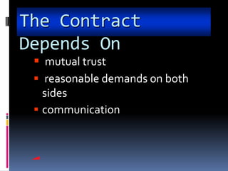 The Contract
Depends On
  mutual trust
  reasonable demands on both
   sides
  communication
 