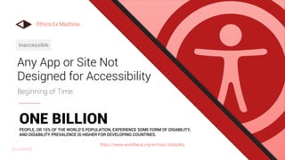 Any App or Site Not
Designed for Accessibility
Beginning of Time
Inaccessible
ONE BILLION
PEOPLE, OR 15% OF THE WORLD’S POPULATION, EXPERIENCE SOME FORM OF DISABILITY,
AND DISABILITY PREVALENCE IS HIGHER FOR DEVELOPING COUNTRIES.
https://www.worldbank.org/en/topic/disability
Ethics Ex Machina
@uxward
 