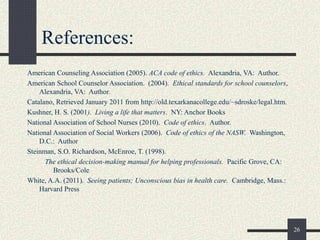 References:
American Counseling Association (2005). ACA code of ethics. Alexandria, VA: Author.
American School Counselor Association. (2004). Ethical standards for school counselors,
Alexandria, VA: Author.
Catalano, Retrieved January 2011 from http://old.texarkanacollege.edu/~sdroske/legal.htm.
Kushner, H. S. (2001). Living a life that matters. NY: Anchor Books
National Association of School Nurses (2010). Code of ethics. Author.
National Association of Social Workers (2006). Code of ethics of the NASW. Washington,
D.C.: Author
Steinman, S.O. Richardson, McEnroe, T. (1998).
The ethical decision-making manual for helping professionals. Pacific Grove, CA:
Brooks/Cole
White, A.A. (2011). Seeing patients; Unconscious bias in health care. Cambridge, Mass.:
Harvard Press
26
 