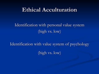 Ethical Acculturation Identification with personal value system (high vs. low) Identification with value system of psychology (high vs. low) 