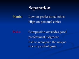 Separation Matrix: Low on professional ethics High on personal ethics Risks: Compassion overrides good professional judgment Fail to recognize the unique  role of psychologists 