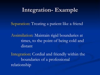 Integration- Example Separation : Treating a patient like a friend Assimilation : Maintain rigid boundaries at  times, to the point of being cold and  distant Integration : Cordial and friendly within the  boundaries of a professional  relationship 