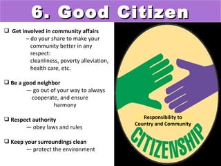 6. Good Citizen
 Get involved in community affairs
        – do your share to make your
          community better in any
          respect:
          cleanliness, poverty alleviation,
          health care, etc.

 Be a good neighbor
        — go out of your way to always
          cooperate, and ensure
                  harmony

 Respect authority                              Responsibility to
                                              Country and Community
       — obey laws and rules

 Keep your surroundings clean
       — protect the environment
 