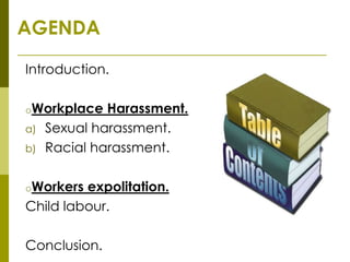 AGENDA

Introduction.

oWorkplace    Harassment.
a)   Sexual harassment.
b)   Racial harassment.

oWorkers expolitation.
Child labour.

Conclusion.
 