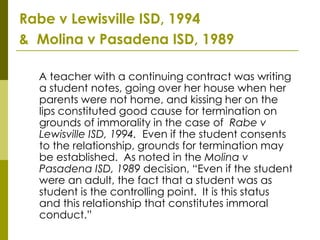 Rabe v Lewisville ISD, 1994
& Molina v Pasadena ISD, 1989

  A teacher with a continuing contract was writing
  a student notes, going over her house when her
  parents were not home, and kissing her on the
  lips constituted good cause for termination on
  grounds of immorality in the case of Rabe v
  Lewisville ISD, 1994. Even if the student consents
  to the relationship, grounds for termination may
  be established. As noted in the Molina v
  Pasadena ISD, 1989 decision, “Even if the student
  were an adult, the fact that a student was as
  student is the controlling point. It is this status
  and this relationship that constitutes immoral
  conduct.”
 