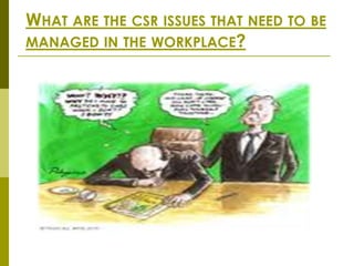 WHAT ARE THE CSR ISSUES THAT NEED TO BE
MANAGED IN THE WORKPLACE?
 