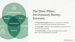 The Three Pillars:
Environment, Society,
Economy
The environmental pillar focuses on sustainable use of natural
resources, renewable energy, and protecting ecosystems.
The social pillar emphasizes human well-being, social equity, and
empowering communities.
The economic pillar promotes sustainable economic growth,
decent jobs, and responsible consumption.
 