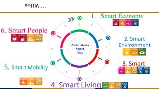Addis Ababa
Smart
City
1. Smart Economy
2. Smart
Environment
3. Smart
Governance
4. Smart Living
5. Smart Mobility
6. Smart People
…
የቀጠለ
 