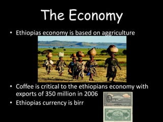 The Economy
• Ethiopias economy is based on aggriculture




• Coffee is critical to the ethiopians economy with
  exports of 350 million in 2006
• Ethiopias currency is birr
 