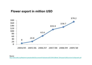 Flower export in million USD




Source
http://www.afdb.org/fileadmin/uploads/afdb/Documents/Publications/ECON%20Brief_Ethiopias%20Economic%20growth.pdf
 