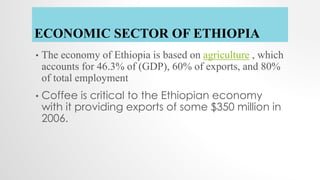 • The economy of Ethiopia is based on agriculture , which
accounts for 46.3% of (GDP), 60% of exports, and 80%
of total employment
• Coffee is critical to the Ethiopian economy
with it providing exports of some $350 million in
2006.
ECONOMIC SECTOR OF ETHIOPIA
 