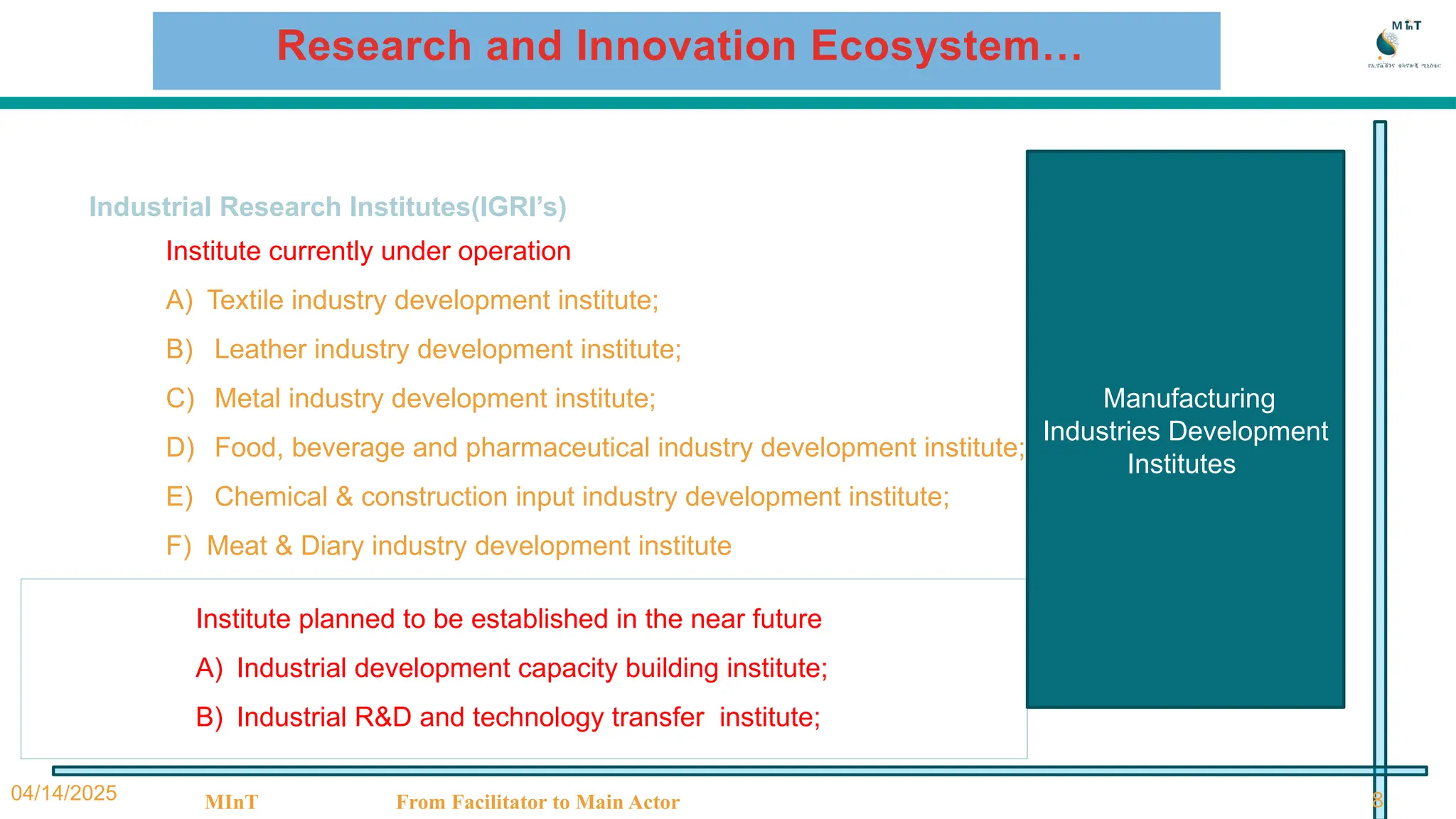 04/14/2025 MInT From Facilitator to Main Actor 8
Industrial Research Institutes(IGRI’s)
Institute currently under operation
A) Textile industry development institute;
B) Leather industry development institute;
C) Metal industry development institute;
D) Food, beverage and pharmaceutical industry development institute;
E) Chemical & construction input industry development institute;
F) Meat & Diary industry development institute
Institute planned to be established in the near future
A) Industrial development capacity building institute;
B) Industrial R&D and technology transfer institute;
Research and Innovation Ecosystem…
Manufacturing
Industries Development
Institutes
 